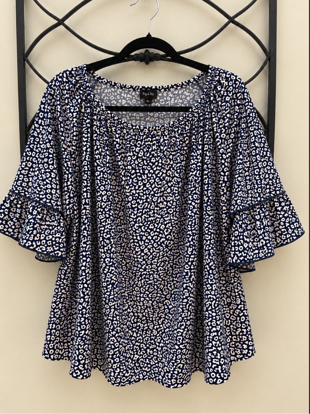 Cute Fall Top Blue and White Print Ruffle Sleeve Top